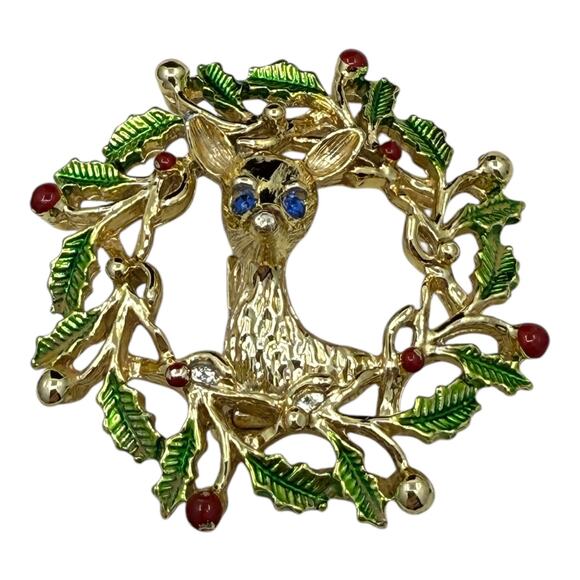 Gerry’s Jewelry - Vintage Holiday Reindeer Christmas Wreath Brooch Goldtone Enamel Signed Gerry’s